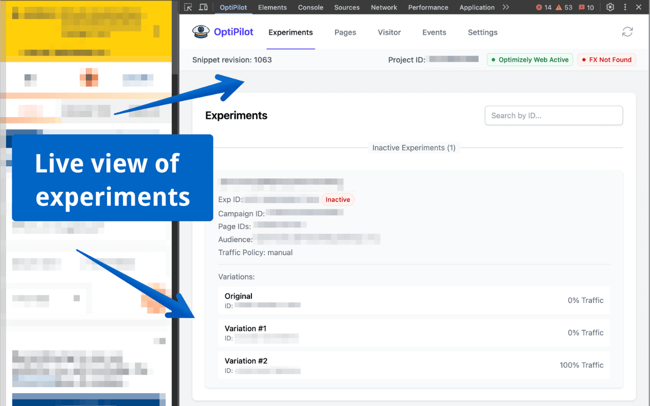 The OptiPilot DevTools panel listing the Optimizely experiments running on the inspected page