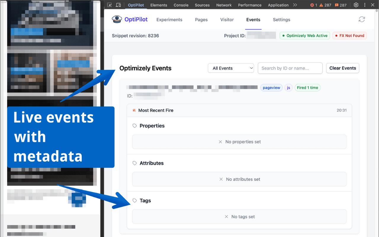 Optimizely tracking events and their validation diagnosis in the OptiPilot DevTools panel